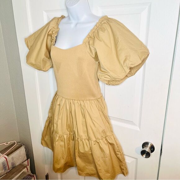 Endless Rose Mixed Media Puff Sleeve Tiered Mini Dress Tan S NWT - Picture 9 of 13